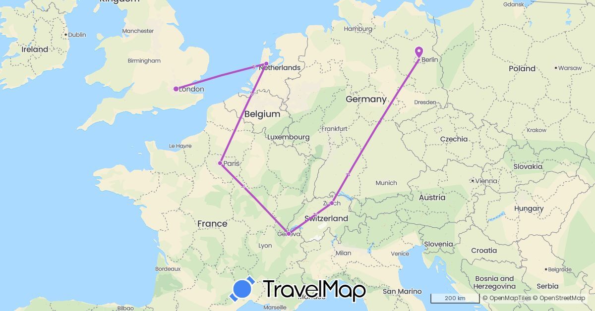 TravelMap itinerary: train in Switzerland, Germany, France, United Kingdom, Netherlands (Europe)